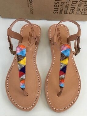 Laidback London Tan Leather Beaded T-Strap Sandals - Multicolor Bead Detail